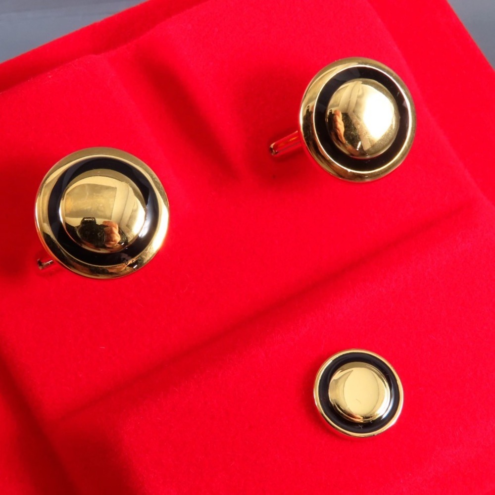 VTG NEW NOS Swank Cufflinks & Tie Tack Pin Set GOLD TONE w/BLACK ENAMEL Round